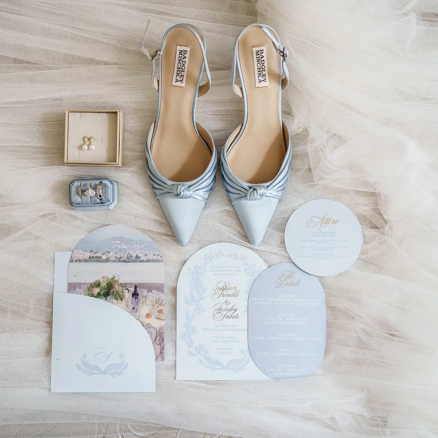Wedding shoes, rings and stationery details for a Villa Giulia wedding on Lake Como