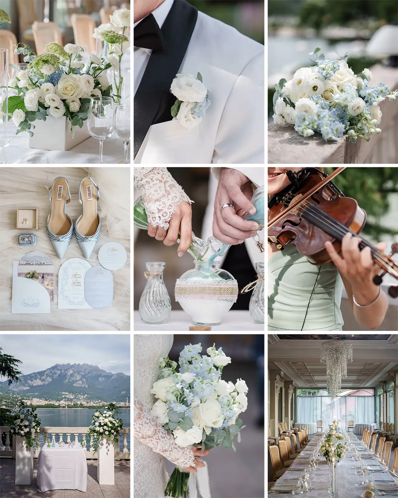 Collage of floral details, bridal accessories and reception setup for a Villa Giulia wedding