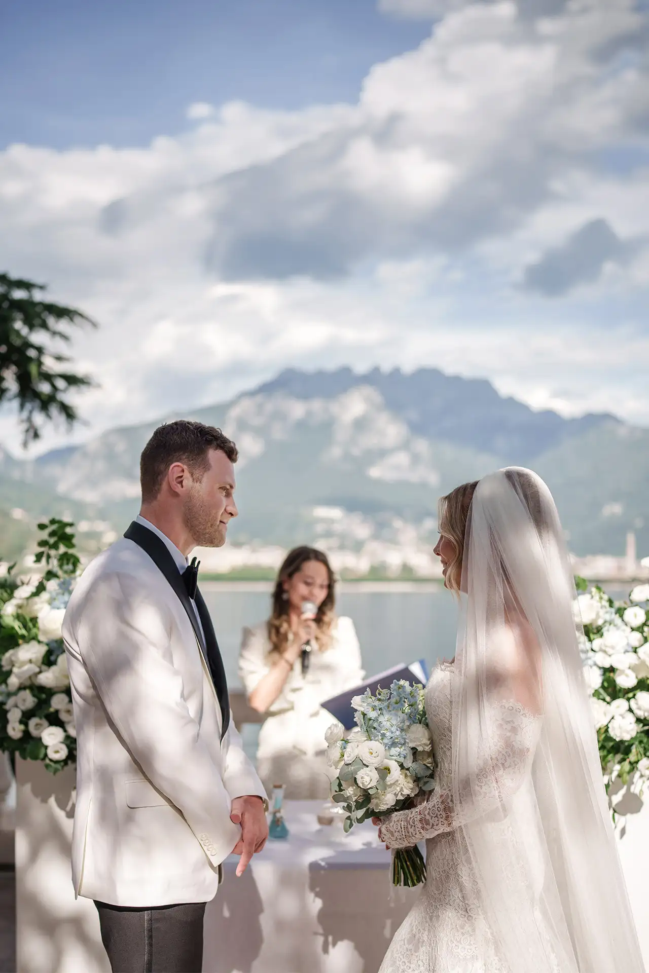 Bride and groom exchanging vows during a Villa Giulia wedding on Lake Como