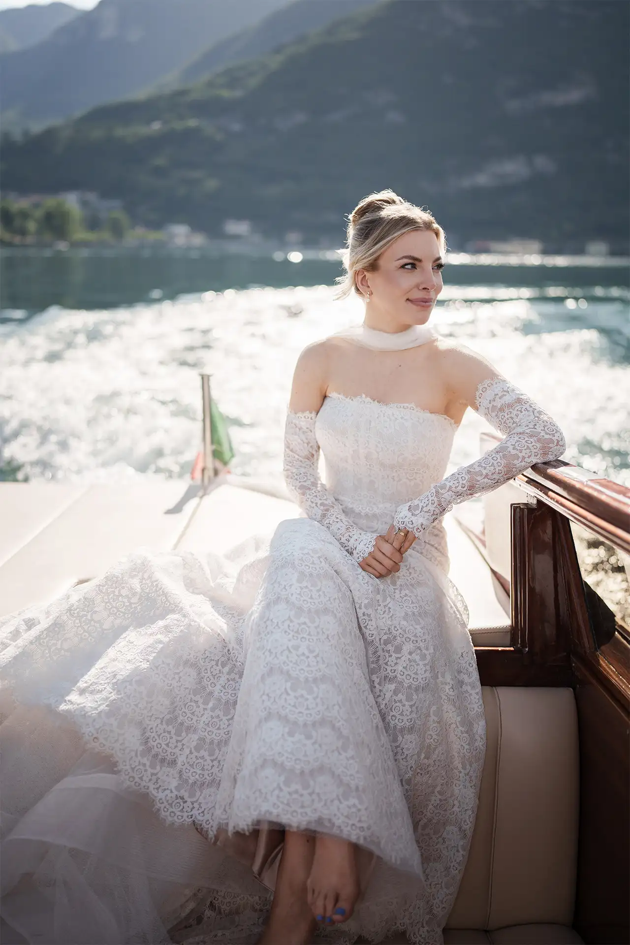 Newlywed portrait on a boat on Lake Como