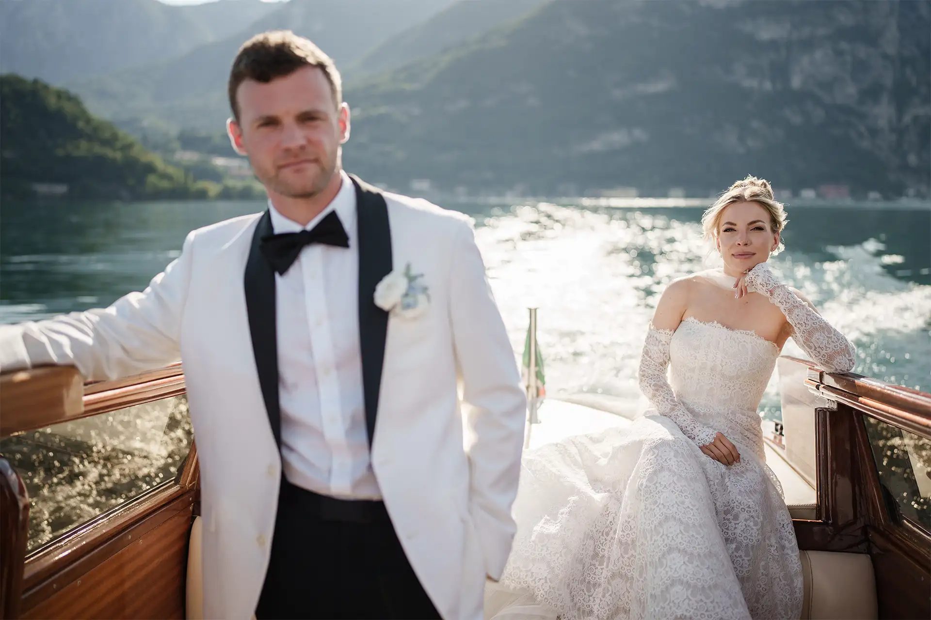 Bride and groom during a wedding boat session on Lake Como