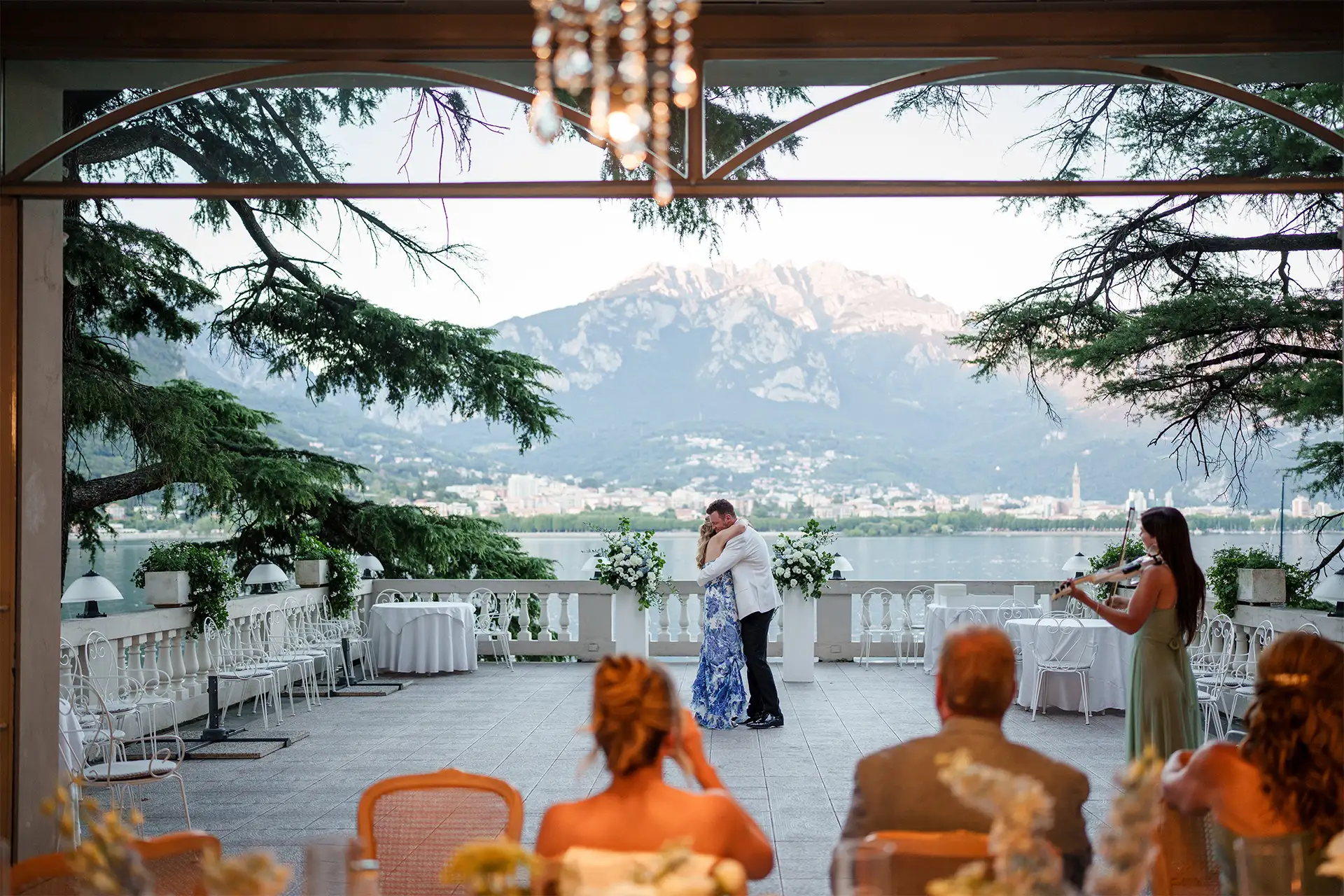 Bride and groom dancing during their evening wedding party at Villa Giulia