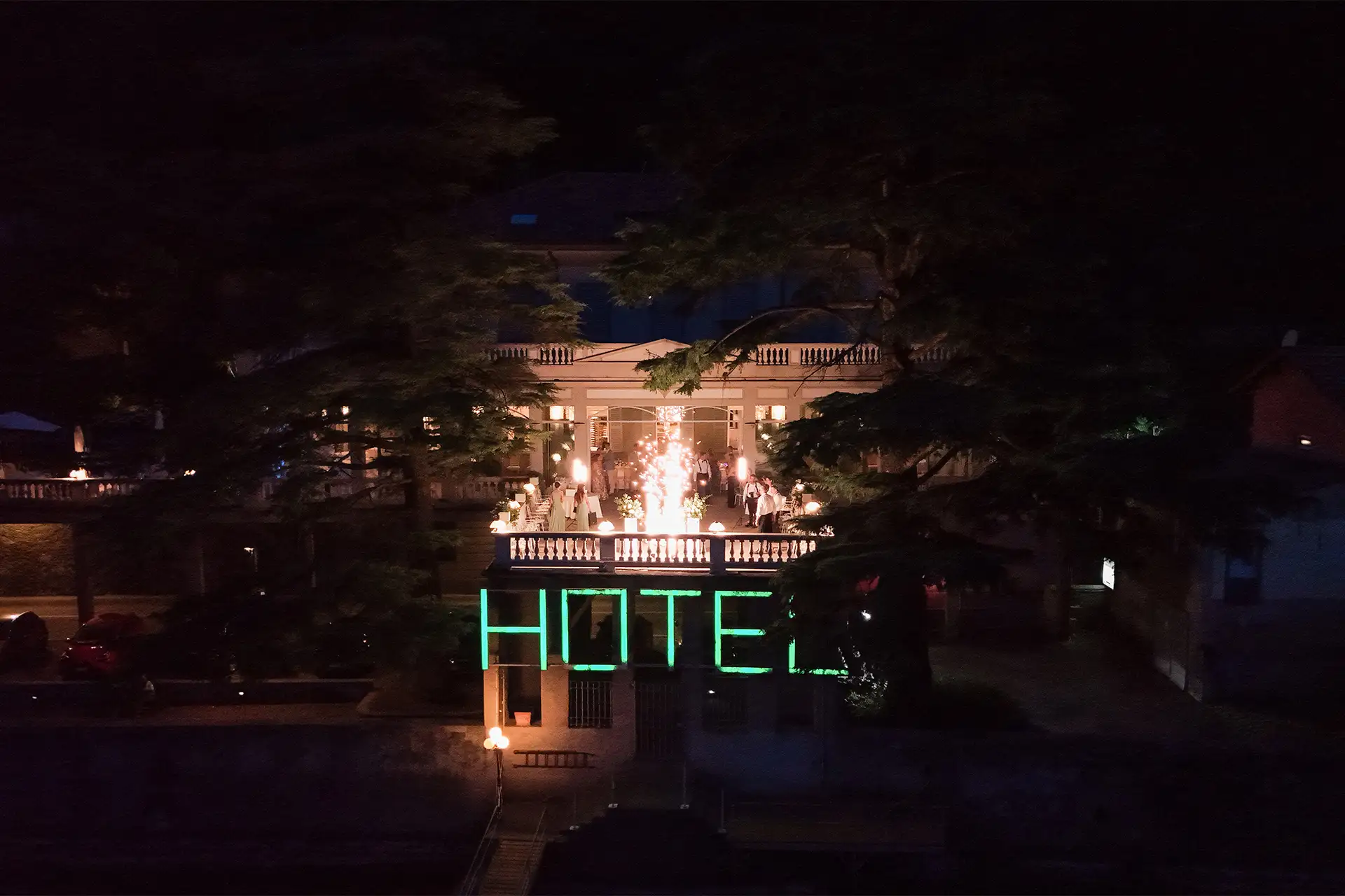 Aerial night view of the Villa Giulia wedding reception on Lake Como