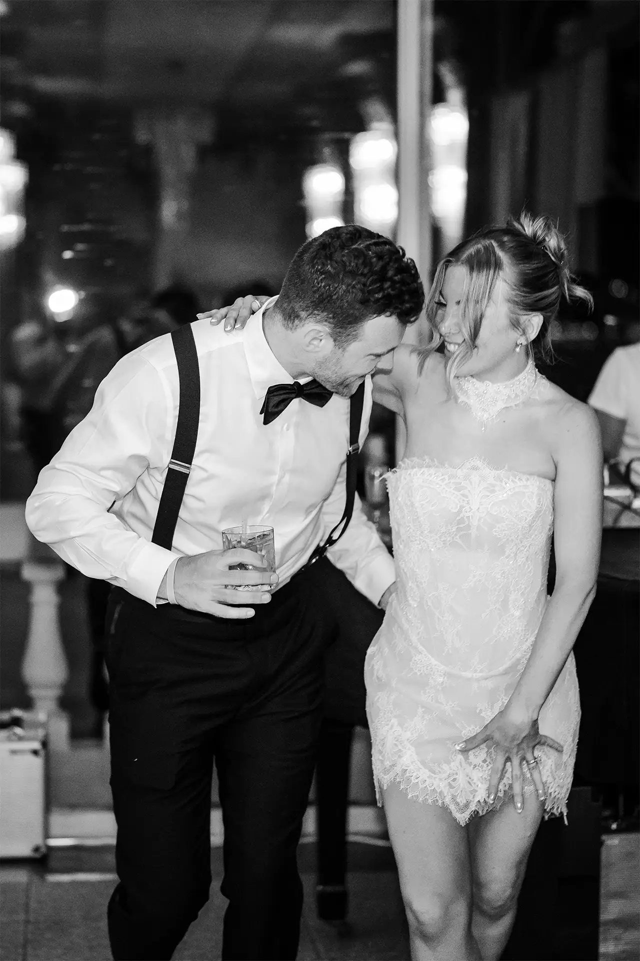 Bride and groom laughing during their wedding party at Villa Giulia